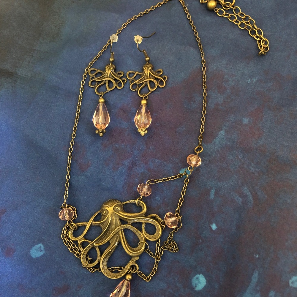 Bronze octopus and pink gems, necklace and matching earrings - Picture 2 of 4